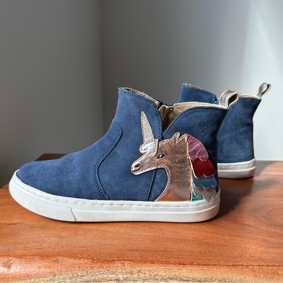 Mini Boden Other - Mini Boden Blue Suede Rainbow Unicorn Boots EU 34 US 2.5 Metallic Appliqué GUC